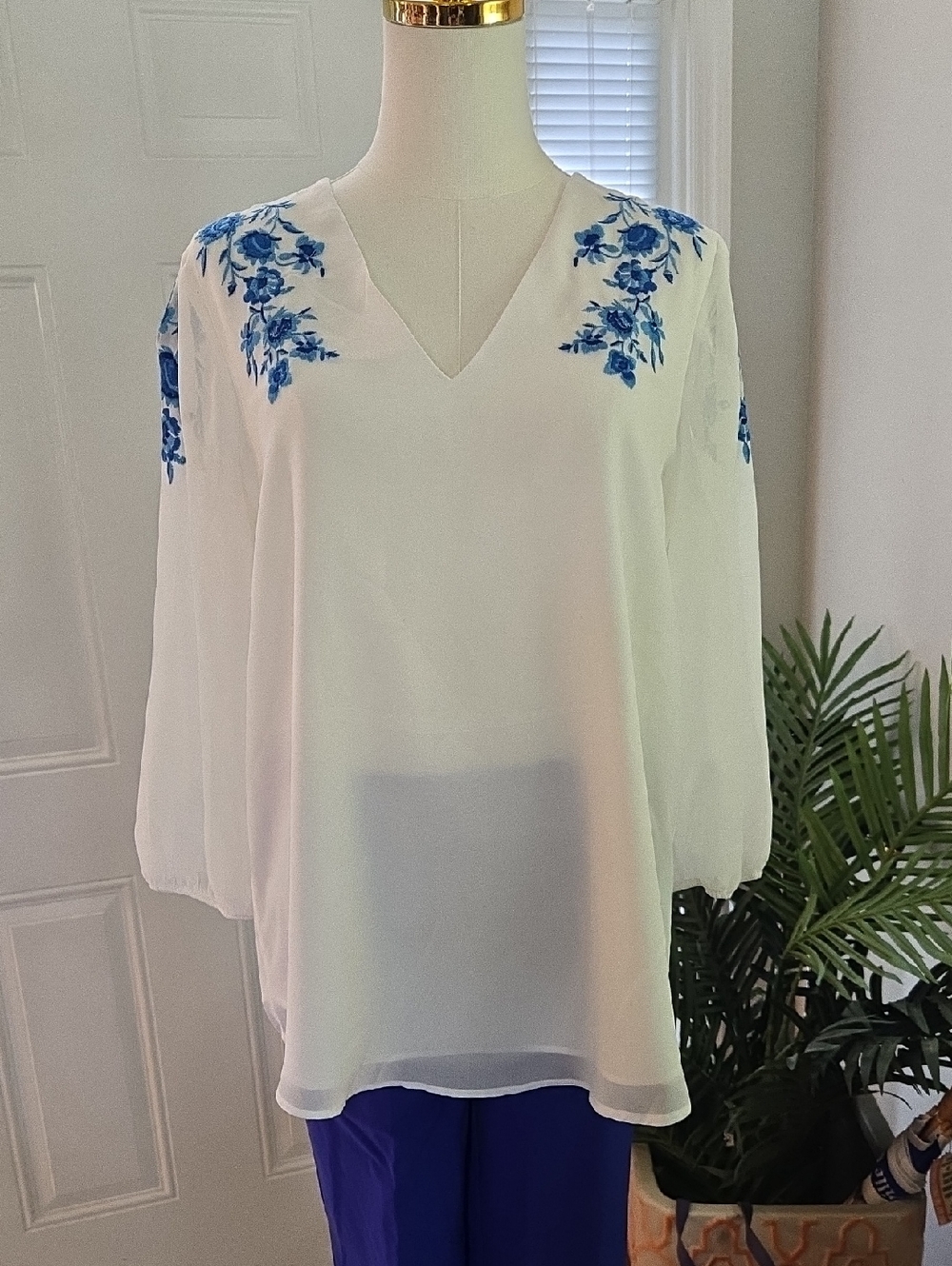 Calvin Klein White V-Neck Tunic with Blue Floral Accents